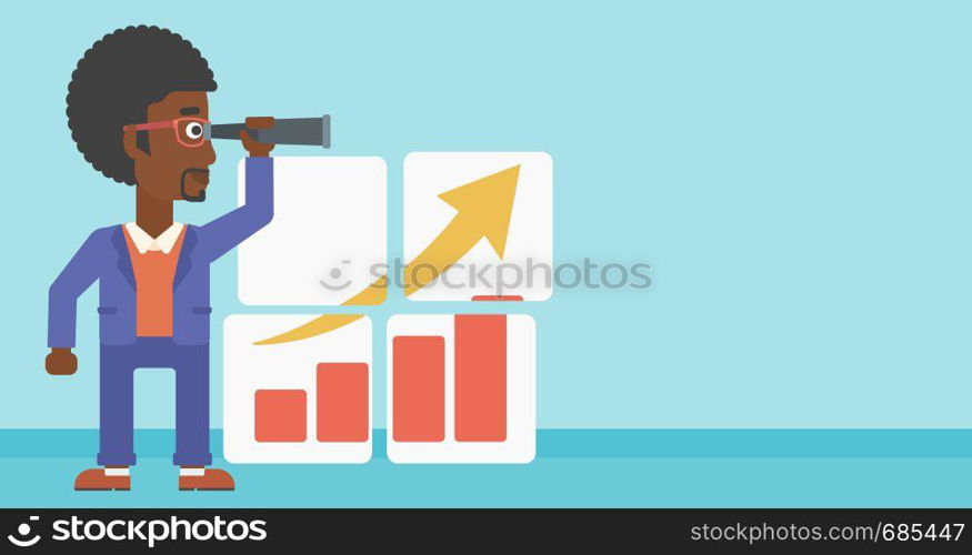 Businessman looking through a spyglass at chart. Man searching the opportunities for business growth. Business vision concept. Business vector flat design illustration. Horizontal layout.. Man searching opportunities for business growth.