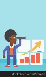 Businessman looking through a spyglass at chart. Man searching the opportunities for business growth. Business vision concept. Business vector flat design illustration. Vertical layout.. Man searching opportunities for business growth.