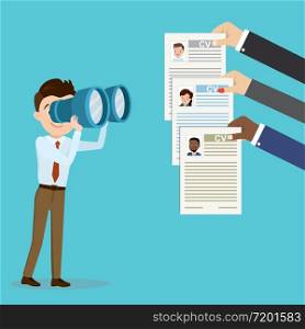 Businessman looking through binoculars on resume page,candidate hand holding cv resume paper,recruitment concept,flat vector illustration