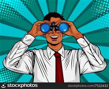 Businessman looking through binoculars. Surprised man with open mouth. Colorful vector background in pop art retro comic style.