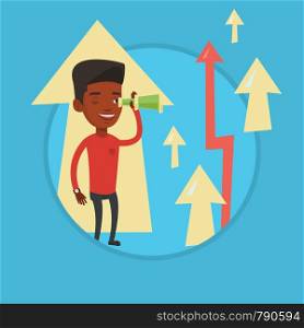 Businessman looking through spyglass on arrows going up symbolizing business opportunities. Business vision, opportunities concept. Vector flat design illustration in the circle isolated on background. Man looking through spyglass on raising arrows.