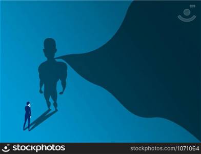 businessman looking to way success with a superhero with cape shadow on the wall. Ambition and business success concept. Leadership hero power, motivation and inner strength symbol.