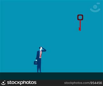 Businessman looking up at key high up in wall. Concept business illustration. Vector