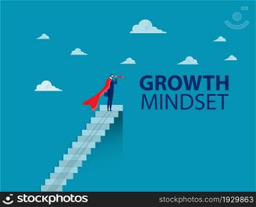 businessman looks in the telescope at top stair. growth mindset concept vector illustrator