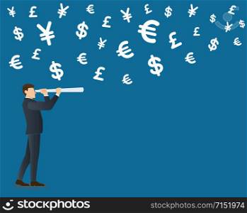 businessman looks through a telescope and money symbol icon background