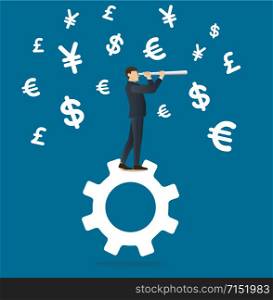 businessman looks through a telescope and money symbol icon background