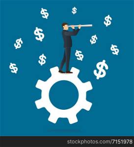 businessman looks through a telescope standing on gear icon and dollar icon background