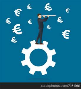 businessman looks through a telescope standing on gear icon and Euro icon background