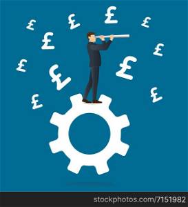 businessman looks through a telescope standing on gear icon and Pound icon background