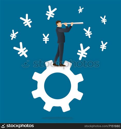 businessman looks through a telescope standing on gear icon and Yen icon background