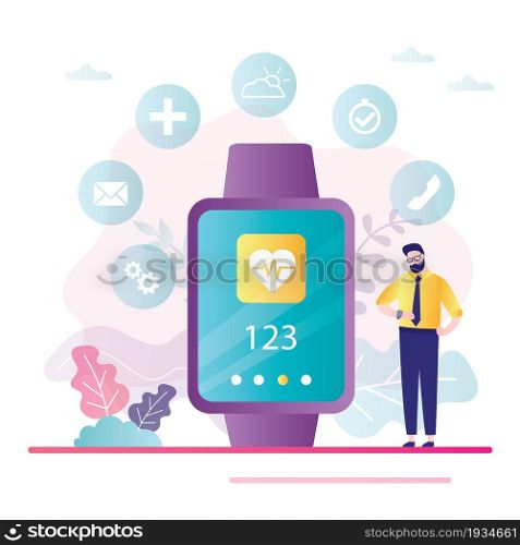 Businessman looks through notifications and messages on big smartwatch or fitness bracelet. Synchronization of watches with smartphone. Wireless technologies. Flat design vector illustration. Businessman looks through notifications and messages on big smartwatch or fitness bracelet. Synchronization of watches with smartphone.