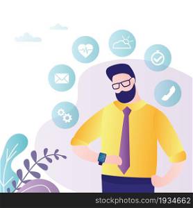 Businessman looks through notifications and messages on smartwatch. Synchronization of watches with smartphone. Wireless technologies, human interaction with gadgets. Flat design vector illustration. Businessman looks through notifications and messages on smartwatch. Synchronization of watches with smartphone. Wireless technologies