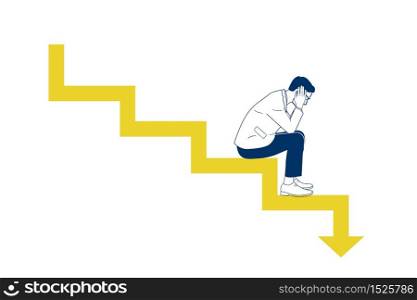Businessman lost profits. closing his face by hand and sitting on the graph down. hand drawn style vector doodle design illustrations. - Vector