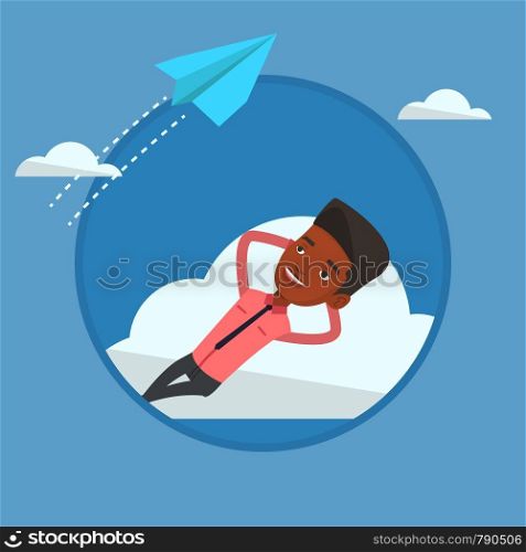 Businessman lying on a cloud and looking at flying paper plane. Businessman relaxing on a cloud. Businessman resting on a cloud. Vector flat design illustration in the circle isolated on background.. Businessman lying on cloud vector illustration.