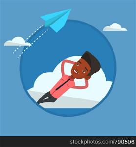 Businessman lying on a cloud and looking at flying paper plane. Businessman relaxing on a cloud. Businessman resting on a cloud. Vector flat design illustration in the circle isolated on background.. Businessman lying on cloud vector illustration.