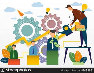 Businessman maintain graphs that have businessman on the graph. business select partner or teamwork, Analysis of sales statistic grow data accounting infographic. Economic deposits flat illustration