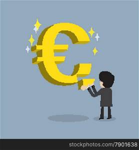 businessman make strong business by fulfill Euro currency sign as stable about his money , cartoon vector for success and stable growth of economic or get return on investment