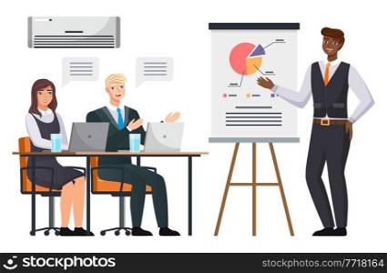 Businessman makes a presentation of a statistical report doing digital analysis charts. Planning business concept. Teamwork consulting for project management, financial reporting and strategy. Businessman makes a presentation of a statistical report. Analysis and planning business concept