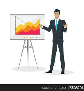 Businessman Making a Presentation Near Whiteboard. Young businessman in business suit and blue tie making a presentation near whiteboard with infographics. Shows business charts and graphs. Business seminar. Board at a presentation with information
