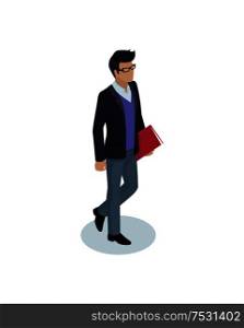Businessman manager icon closeup. Person male carrying document file in red folder wearing glasses. Profile view of entrepreneur isolated on vector. Businessman Manager Closeup Vector Illustration