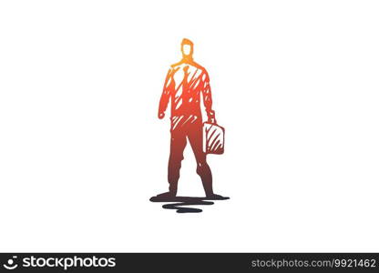 Businessman, manager, success, finance, business concept. Hand drawn businessman in suit with suitcase concept sketch. Isolated vector illustration.. Businessman, manager, success, finance, business concept. Hand drawn isolated vector.