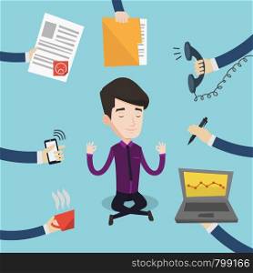 Businessman meditating in lotus position. Man surrounded by hands with office things. Businessman doing yoga. Multitasking and time management concept. Vector flat design illustration. Square layout.. Businessman meditating in lotus position.