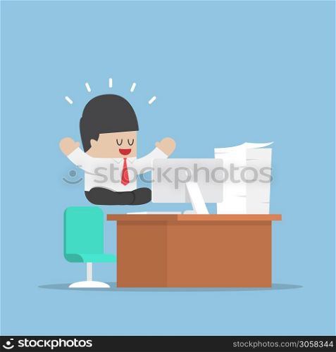 Businessman meditating in lotus position over his desk, maditation and relax concept