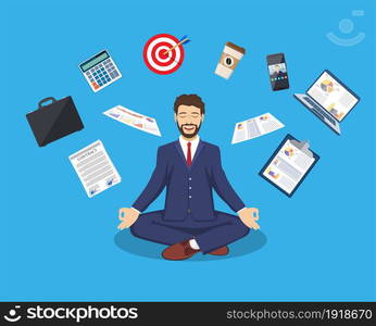 businessman meditating, time management, stress relief and problem solving concepts, man thinking about business in lotus pose. Vector illustration in flat style. businessman meditating, time management,