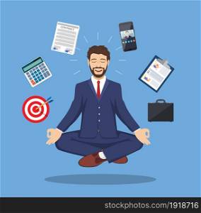 businessman meditating, time management, stress relief and problem solving concepts, man thinking about business in lotus pose. Vector illustration in flat style. businessman meditating, time management,