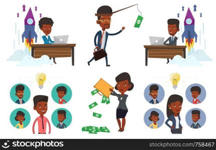Businessman motivated by money hanging on fishing rod. Money on fishing rod as motivation for man. Concept of business motivation. Set of vector flat design illustrations isolated on white background.. Vector set of business characters.