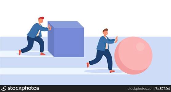 Businessman moving box while smarter competitor pushing ball. Efficient performance of creative man in race, innovative solution flat vector illustration. Challenge, competition, innovation concept