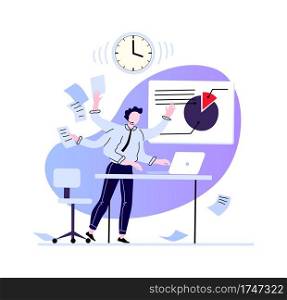 Businessman multitasking at workplace. Busy and overload man. Vector workplace office employee, many work and multitask productivity illustration. Businessman multitasking at workplace. Busy and overload man