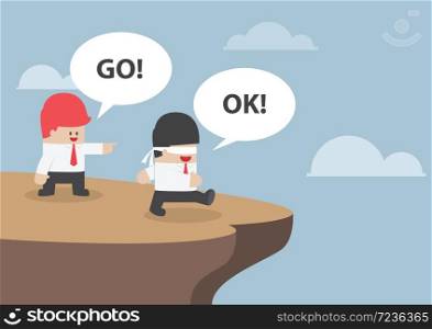 Businessman navigate his Blindfolded friend to the cliff, VECTOR, EPS10