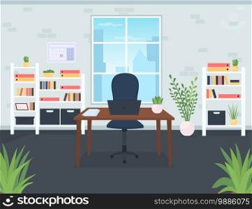 Businessman office flat color vector illustration. Desk with laptop. Chair for company CEO. Contemporary workplace for employee. Coworking space 2D cartoon interior with window on background. Businessman office desk with laptop flat color vector illustration