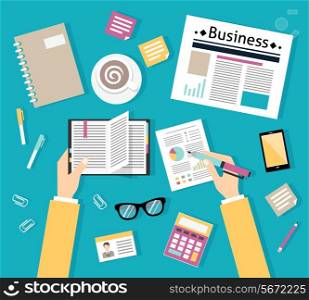 Businessman office workplace with human hands top view vector illustration