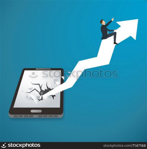 Businessman on arrow icon breaking through smartphone vector background. Business concept illustration