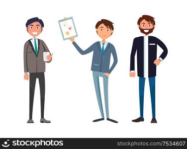 Businessman on directors meeting showing company business plan vector. Analyst holding page with charts pie diagrams. Report of boss, chief executive. Businessman on Meeting with Company Business Plan