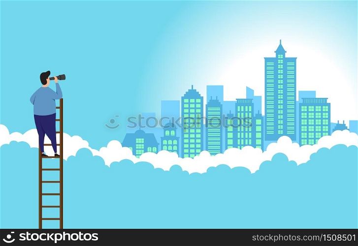 Businessman on Ladder Looking at Target Vision For Success Business Concept Illustration
