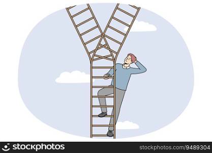 Businessman on ladder make decision or choice. Man decide which path to take. Dilemma and choosing option. Vector illustration.. Businessman on ladder make path decision