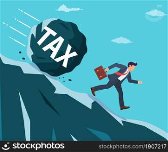 Businessman on mountain running away from big tax weight. Business man with briefcase and wrecking ball. Tax, debt, fee, crisis and bankruptcy. Vector illustration in flat style.. Businessman on mountain running away from big tax