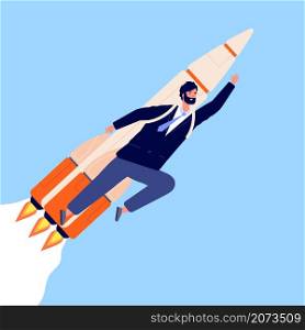 Businessman on rocket. Career growth, man flying with spaceship. Creative guy character, progress or professional success utter vector concept. Illustration rocket growth with man to moving. Businessman on rocket. Career growth, man flying with spaceship. Creative guy character, progress or professional success utter vector concept