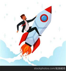Businessman on rocket. Concept of launch startup new project of dream fly people on shuttle business product idea vector character. Illustration of startup rocket project, businessman start. Businessman on rocket. Concept of launch startup new project of dream fly people on shuttle business product idea vector character