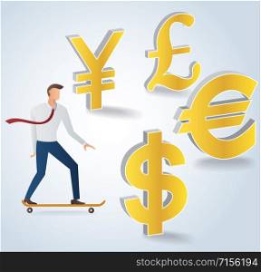 businessman on skateboard and gold coins background vector illustration