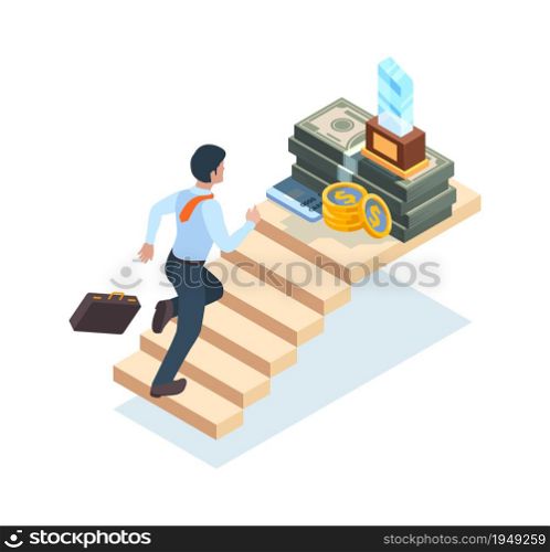 Businessman on stairs. Man ladder running walking steps on stairs to success and victory vector isometric concept. Man career up, businessman achievement goal illustration. Businessman on stairs. Man ladder running walking steps on stairs to success and victory vector isometric concept