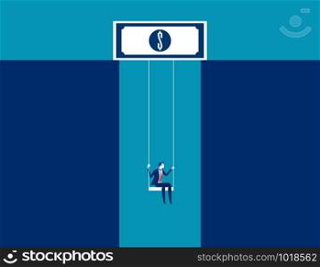Businessman on swing dangling from dollar sign. Concept business vector.