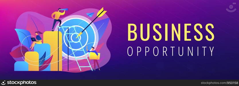 Businessman on top looking into telescope and employees. Business opportunity, bizopp and franchising, distribution concept on white background. Header or footer banner template with copy space.. Business opportunity concept banner header.