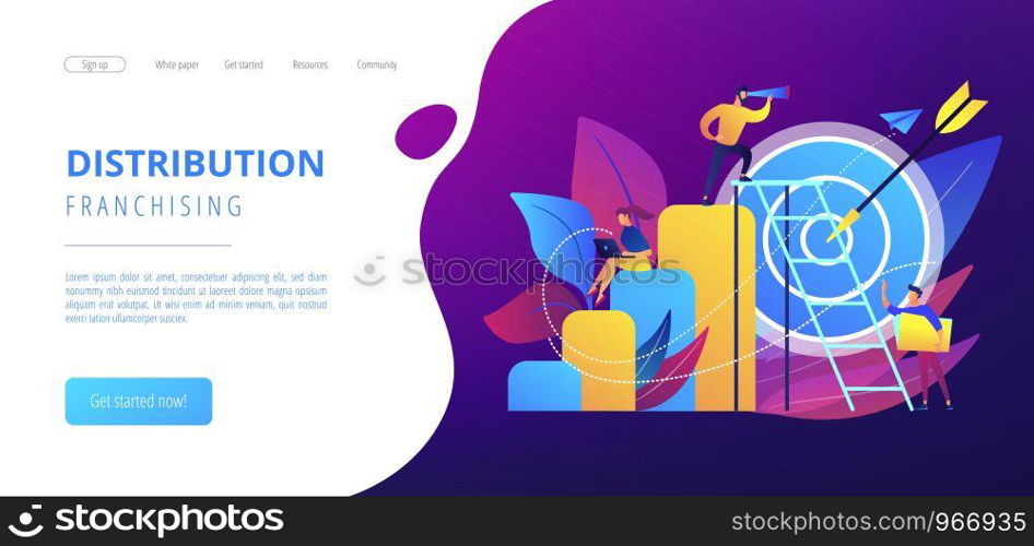 Businessman on top looking into telescope and employees. Business opportunity, bizopp and franchising, distribution concept on white background. Website vibrant violet landing web page template.. Business opportunity concept landing page.