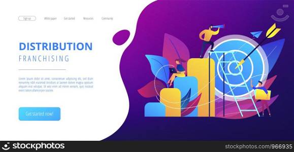 Businessman on top looking into telescope and employees. Business opportunity, bizopp and franchising, distribution concept on white background. Website vibrant violet landing web page template.. Business opportunity concept landing page.