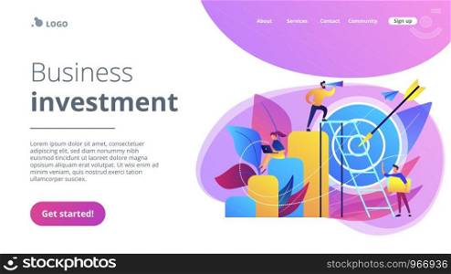 Businessman on top looking into telescope and employees. Business opportunity, bizopp and franchising, distribution concept on white background. Website vibrant violet landing web page template.. Business opportunity concept landing page.