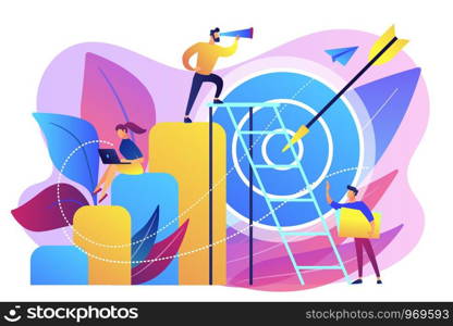 Businessman on top looking into telescope and employees. Business opportunity, bizopp and franchising, distribution concept on white background. Bright vibrant violet vector isolated illustration. Business opportunity concept vector illustration.